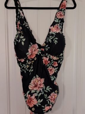 Black Floral One-Piece Swimsuit with Pink Blooms